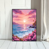 Blush Beach Bay | 海の夕焼け ピンクの水彩画 ポスター
