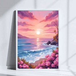 Blush Beach Bay | 海の夕焼け ピンクの水彩画 ポスター