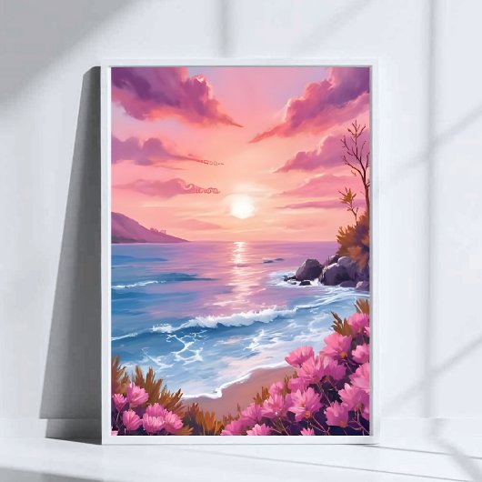 Blush Beach Bay | 海の夕焼け ピンクの水彩画 ポスター