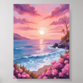 Blush Beach Bay | 海の夕焼け ピンクの水彩画 ポスター (正面)