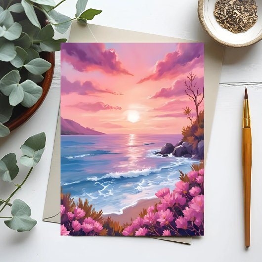 Blush Beach Bay | 海の夕焼け ピンクの水彩画 ポストカード