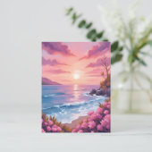 Blush Beach Bay | 海の夕焼け ピンクの水彩画 ポストカード (スタンド正面)