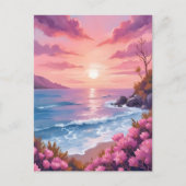 Blush Beach Bay | 海の夕焼け ピンクの水彩画 ポストカード (正面)