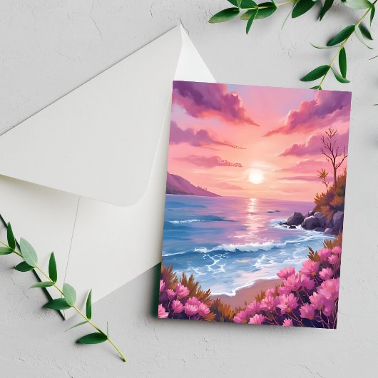 Blush Beach Bay Ocean Sunset Pink Watercolor Card