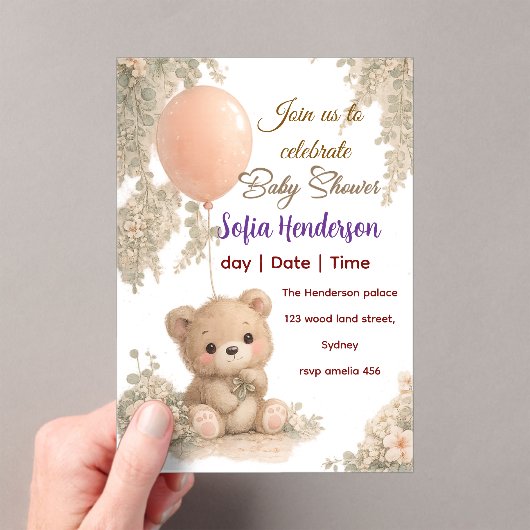 Blush  Bear Soft Water colour floral baby shower アクリル招待状 (インサイチュ (ポータブル))