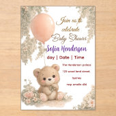 Blush  Bear Soft Water colour floral baby shower アクリル招待状 (正面)