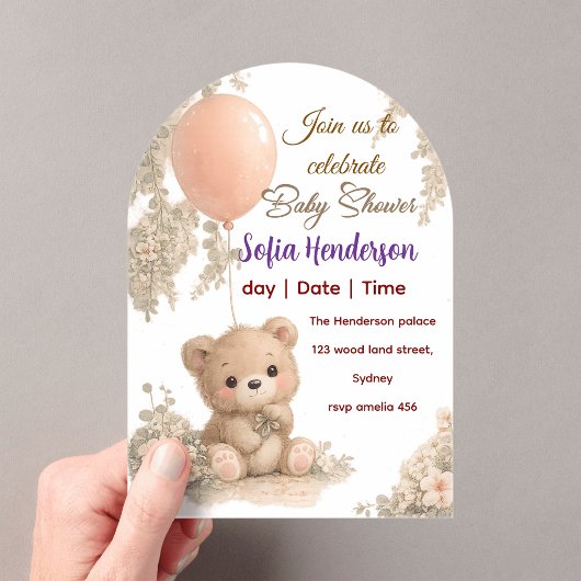 Blush  Bear Soft Water colour floral baby shower アクリル招待状