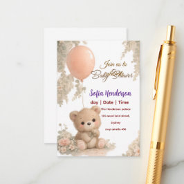 Blush  Bear Soft Water colour floral baby shower エンクロージャーカード