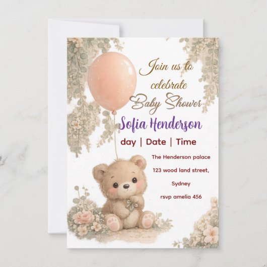 Blush  Bear Soft Water colour floral baby shower 招待状 (正面)