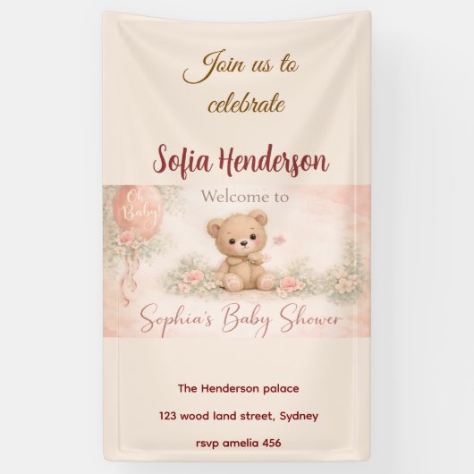 Blush  Bear Soft Water colour floral baby shower 横断幕 (縦)