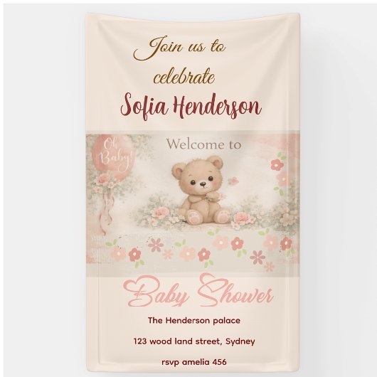 Blush  Bear Soft Water colour floral baby shower 横断幕