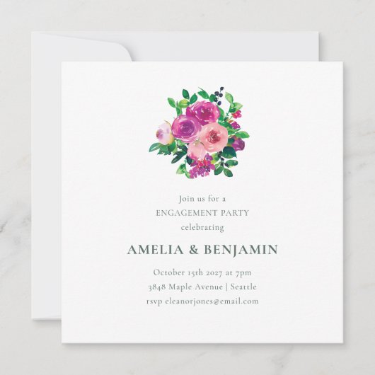 Blush Berry Floral Engagement Party Magenta 招待状 (正面)