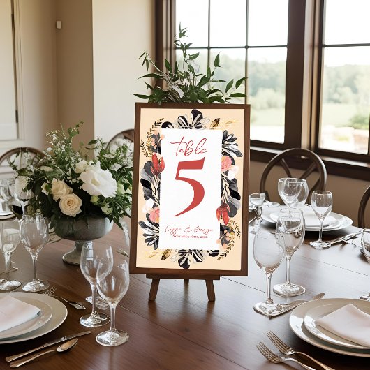 Blush Black Floral Botanical Wedding Table Number サンキューカード
