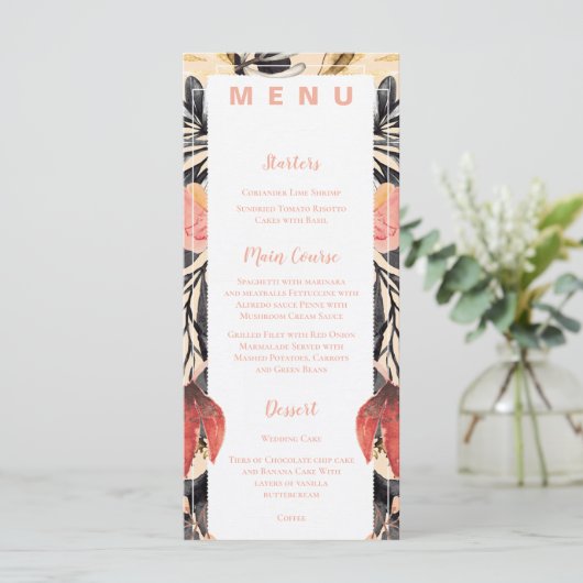 Blush & Black Floral Wedding Reception Dinner Menu メニュー (スタンド正面)