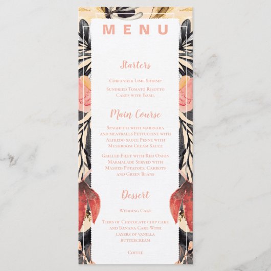 Blush & Black Floral Wedding Reception Dinner Menu メニュー (正面)