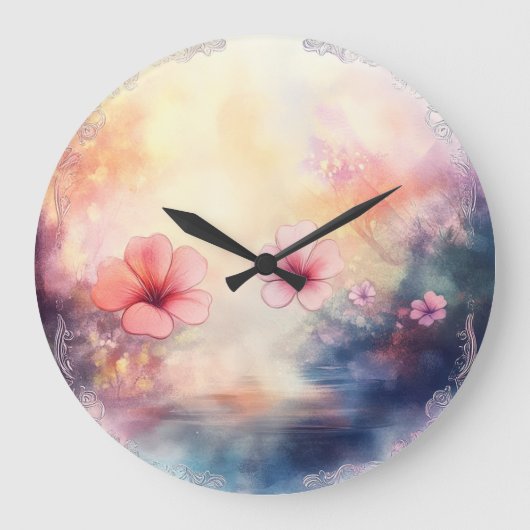 Blush Bloom – Watercolor Floral Round Wall Clock ラージ壁時計 (正面)