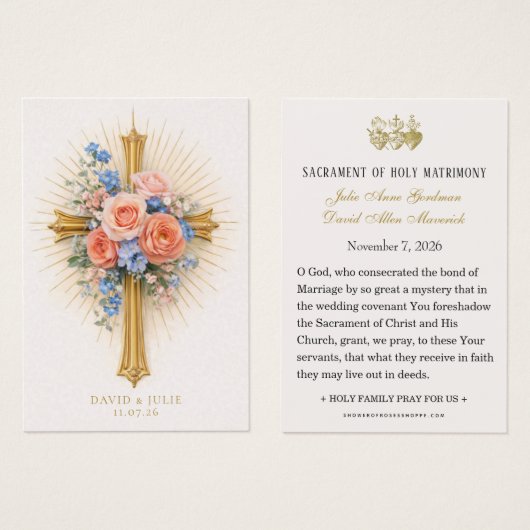 Blush Blue Floral Gold Cross Wedding Prayer  (正面&裏面)