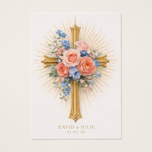 Blush Blue Floral Gold Cross Wedding Prayer  (正面)