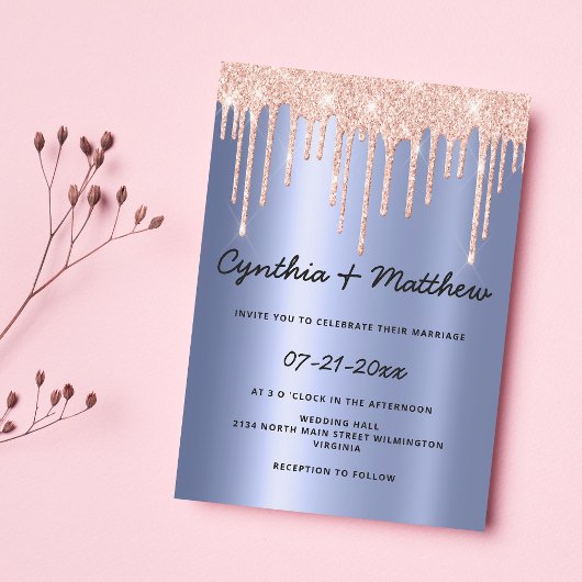 Blush blue gradient rose gold glitter drip wedding 招待状