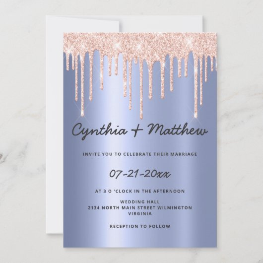 Blush blue gradient rose gold glitter drip wedding 招待状 (正面)