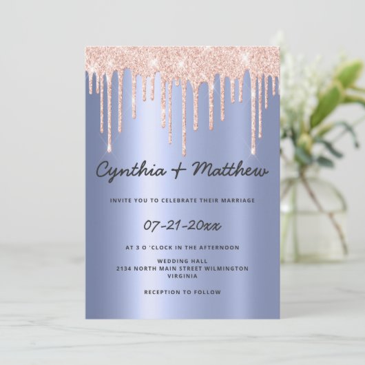Blush blue gradient rose gold glitter drip wedding 招待状 (スタンド正面)