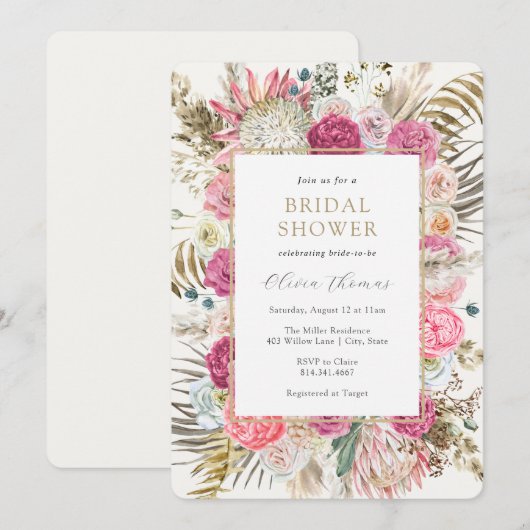 Blush Bohemian Floral Bridal Shower 招待状 (正面/裏面)