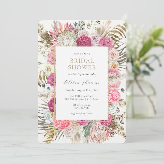 Blush Bohemian Floral Bridal Shower 招待状 (スタンド正面)