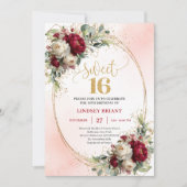 Blush Boho Burgundy Gold Floral Sweet Sixteen  招待状 (正面)