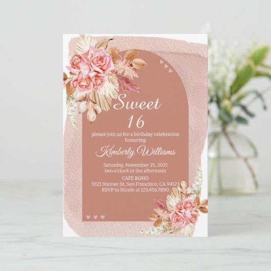 Blush Boho Pampas Grass Sweet 16 Birthday 招待状 (スタンド正面)