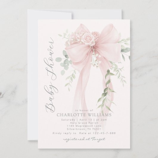 Blush Bow Baby girl Shower 招待状 (正面)