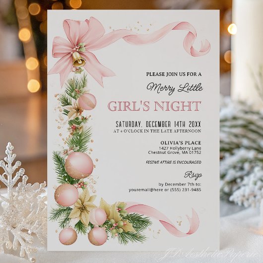Blush Bow Ornament Christmas Party Invitation   招待状