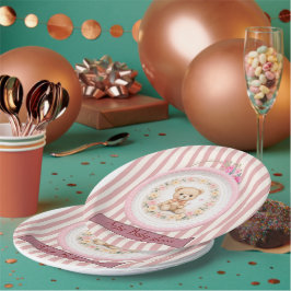 blush brown teddy bear floral watercolour ペーパープレート