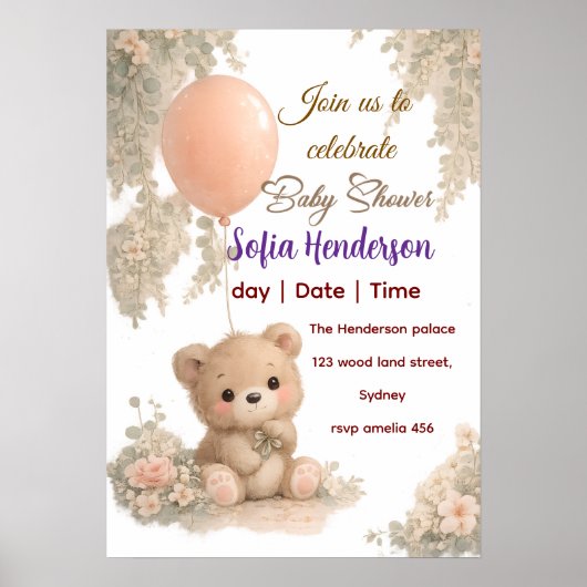 blush brownwatercolour pink brown teddybear Poster ポスター (正面)