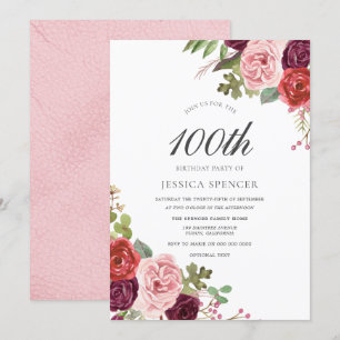 Blush & Burgundy 100歳の誕生日パーティー招待状 招待状