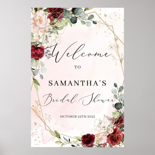 Blush burgundy floral Bridal Shower welcome sign ポスター (正面)