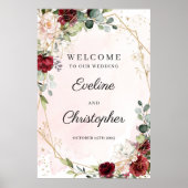 Blush burgundy floral gold wedding welcome sign ポスター (正面)
