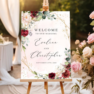 Blush burgundy floral gold wedding welcome sign ポスター