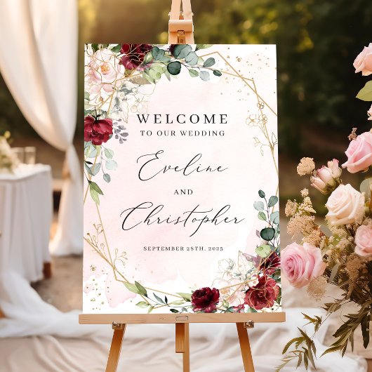 Blush burgundy floral gold wedding welcome sign ポスター