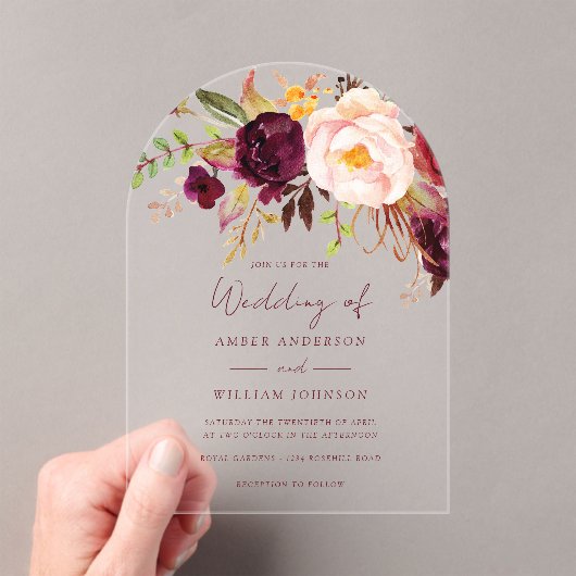 Blush Burgundy Floral Wedding アクリル招待状 (インサイチュ (ポータブル))