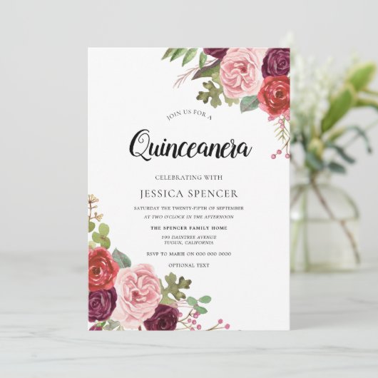 Blush & Burgundy Flowers のトレンディなキンチェアネラ招待状 招待状 (スタンド正面)