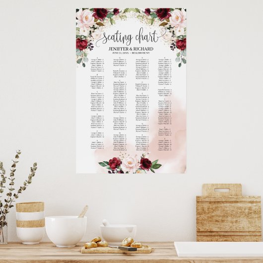 Blush burgundy pink floral wedding seating chart ポスター (キッチン)