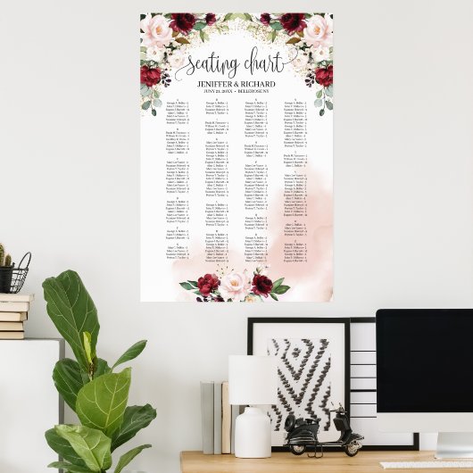 Blush burgundy pink floral wedding seating chart ポスター (ホームオフィス)