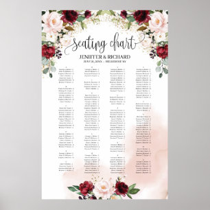Blush burgundy pink floral wedding seating chart ポスター