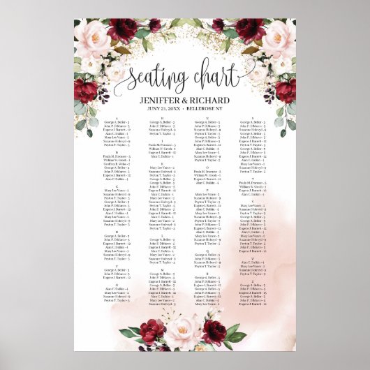 Blush burgundy pink floral wedding seating chart ポスター (正面)