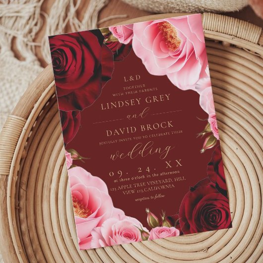 Blush Burgundy  Roses Florals Wedding  Invitation 招待状