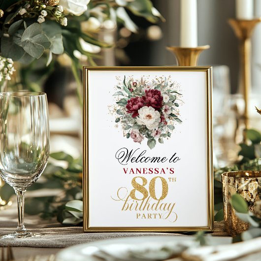 Blush Burgundy Welcome 80th Birthday Poster ポスター