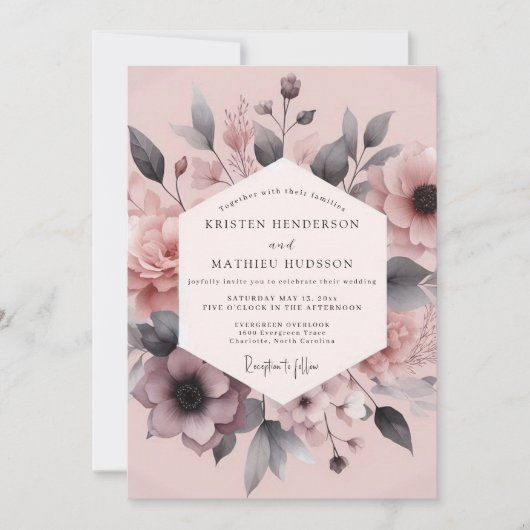 Blush Charcoal Floral Elegance Wedding 招待状 (正面)