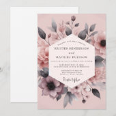 Blush Charcoal Floral Elegance Wedding 招待状 (正面/裏面)