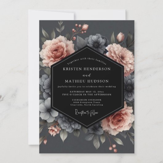 Blush Charcoal Somber Flora Wedding 招待状 (正面)