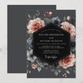 Blush Charcoal Somber Flora Wedding 招待状 (正面/裏面)